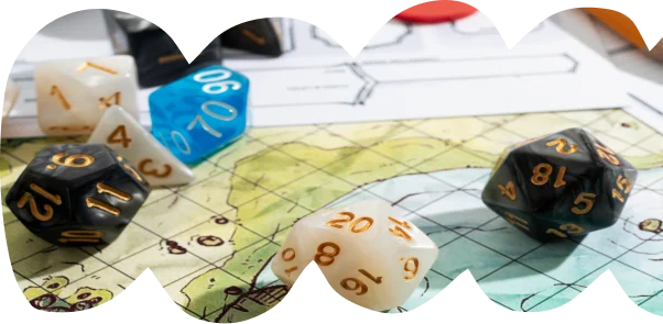 Close-up of a tabletop RPG setup with a grid map, colorful multifaceted dice, character sheets, red tokens, a pencil, and a pen, evoking a strategic and adventurous atmosphere.